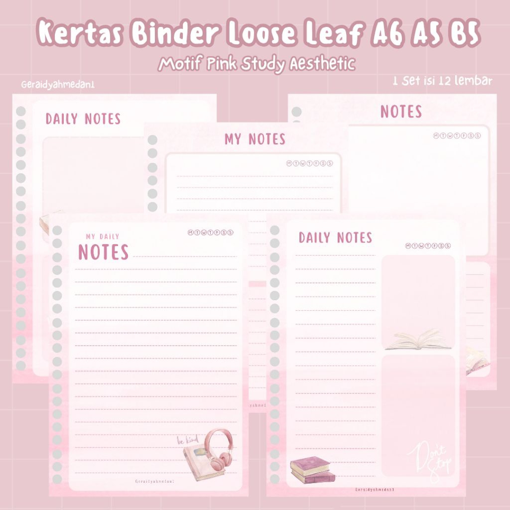 Kertas Binder Loose Leaf A6 A5 B5 Motif Pink Study Aesthetic