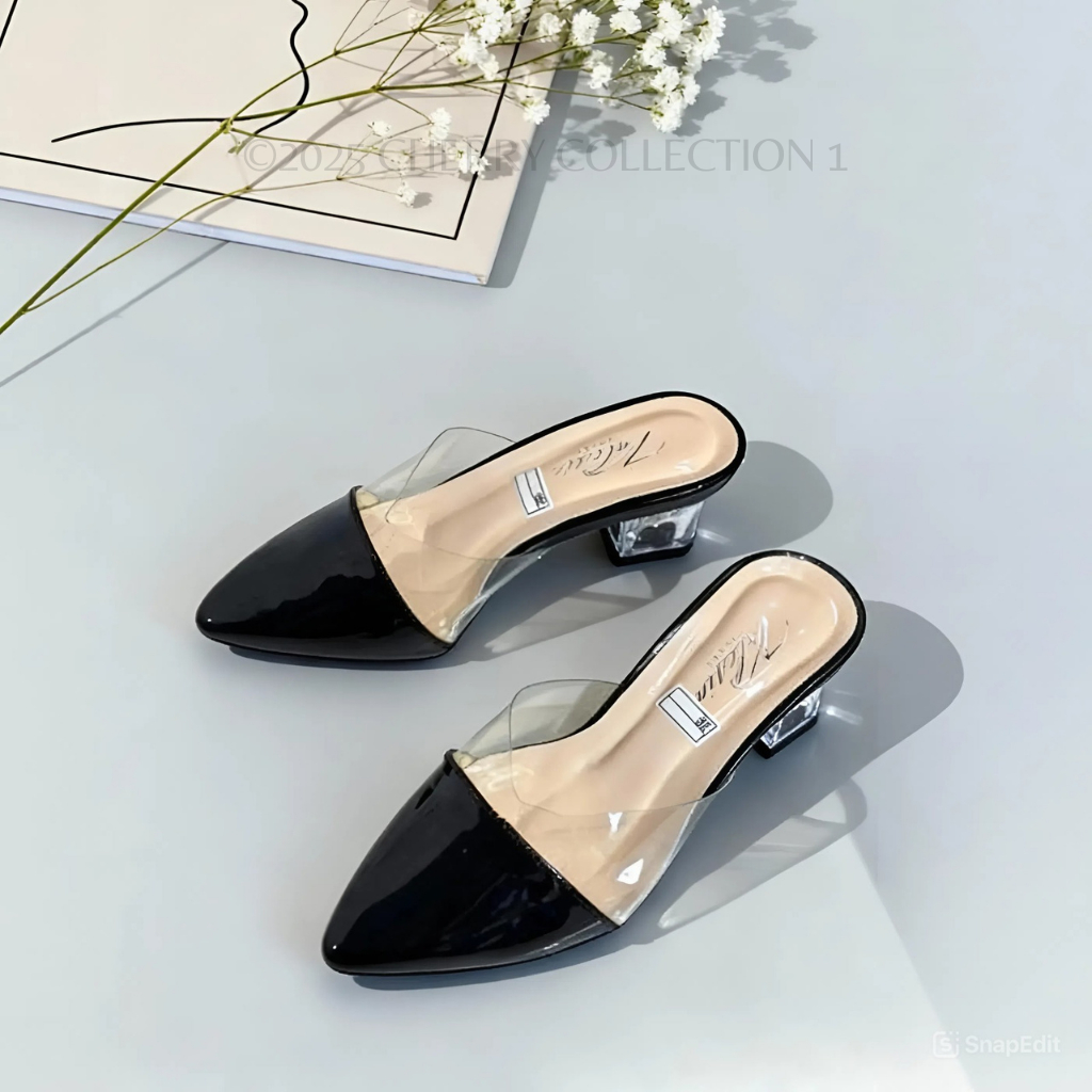 Sandal Heells Wanita Selop Mika Hak Kaca 5cm