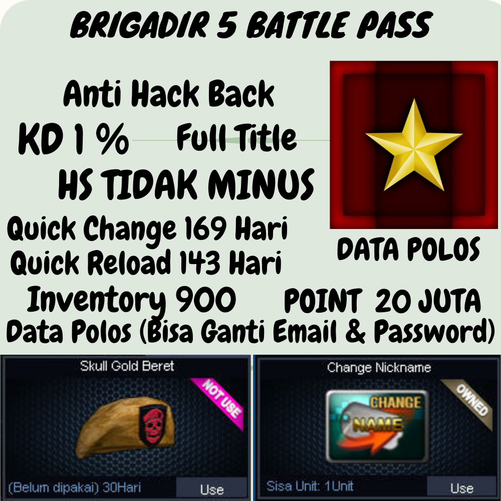 Brigadir B1 ISTIMEWA QC169 QR143 INVEN 902 Char Istimewa Permanen/Akun Brigadir Char/Akun Game PB/Ga