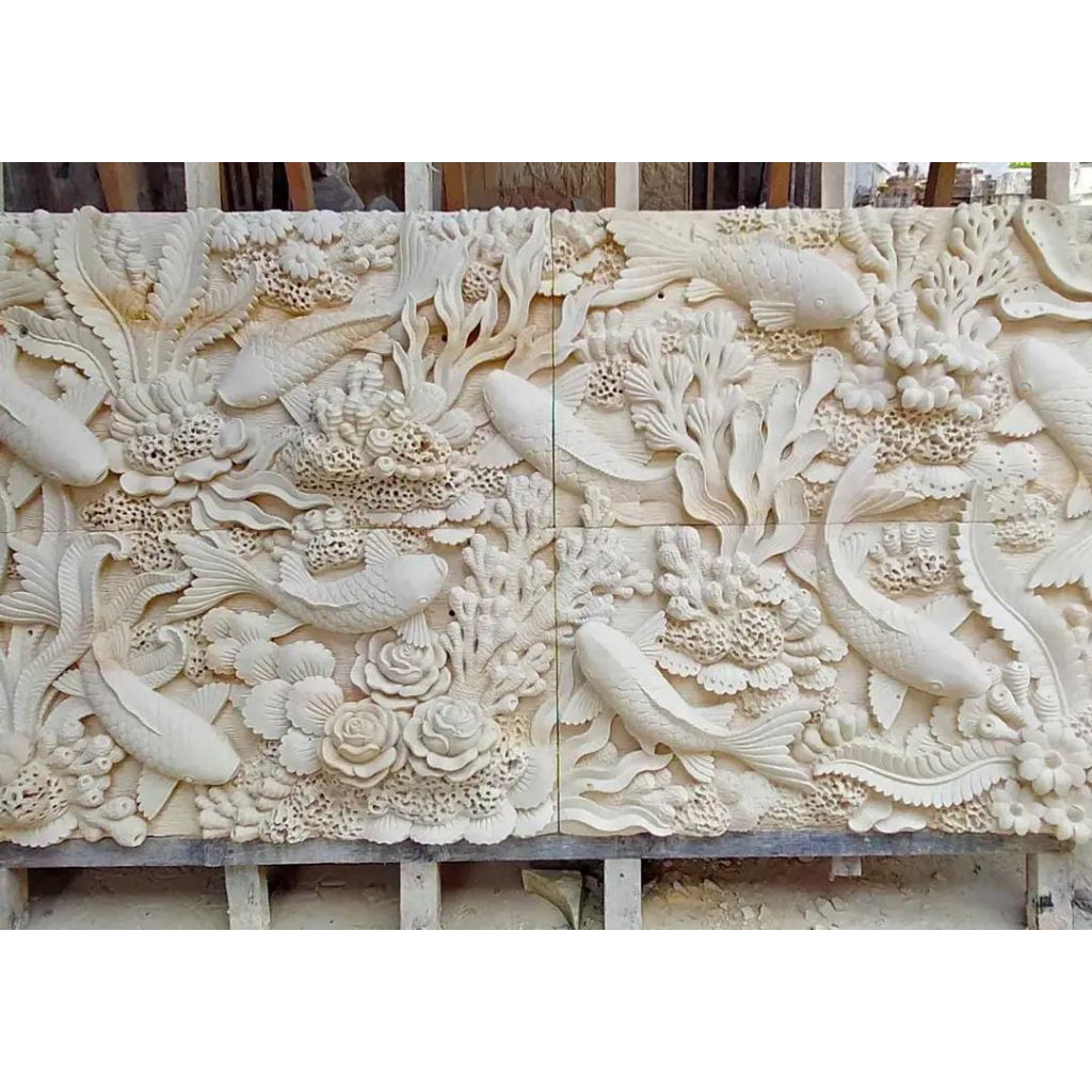 BATU ALAM MOTIF IKAN HIASAN DINDING RUMAH TAMAN