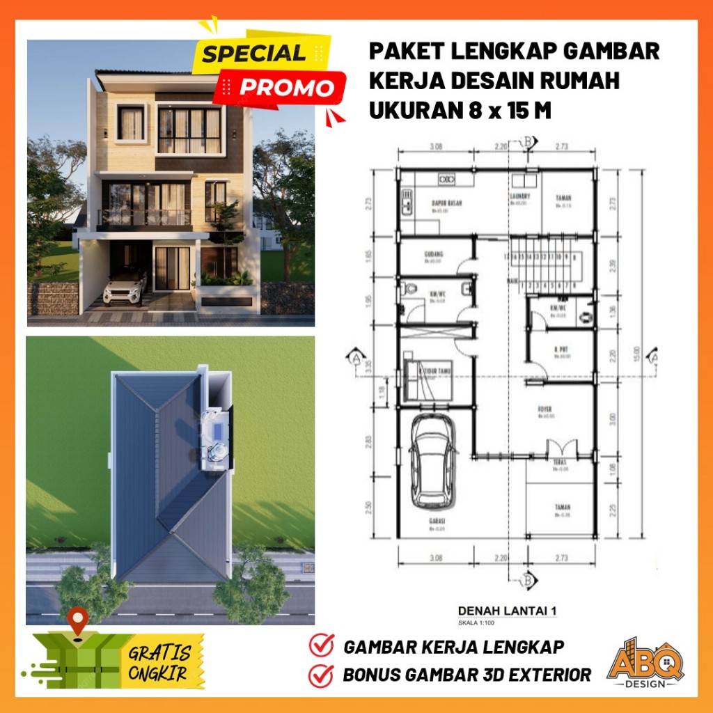 Gambar Kerja Desain Rumah 3 Lantai Ukuran 8 x 15 meter 5 Kamar Tidur
