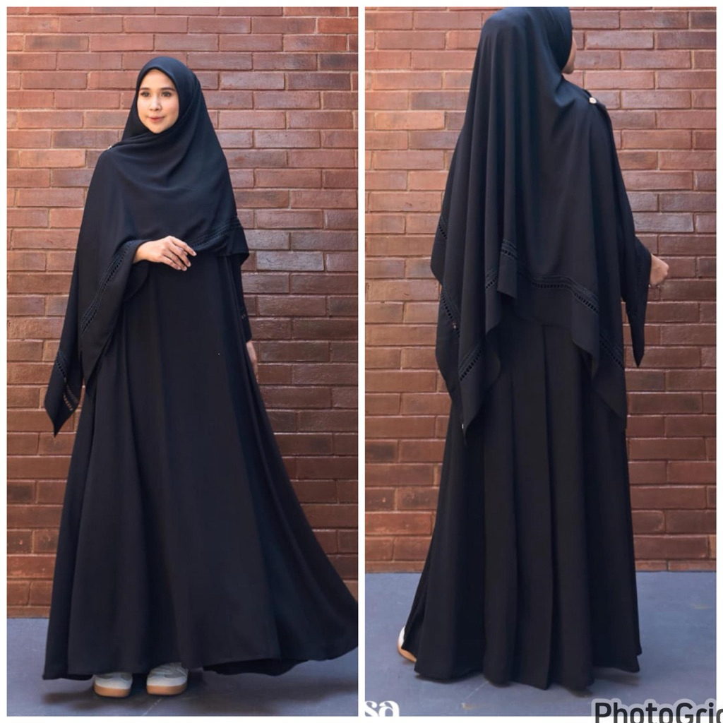 KHALISA ABAYA SET HIJAB MAREVI ELEGANT SYAR'I khusus hitam,buat umroh atau acara lainnya