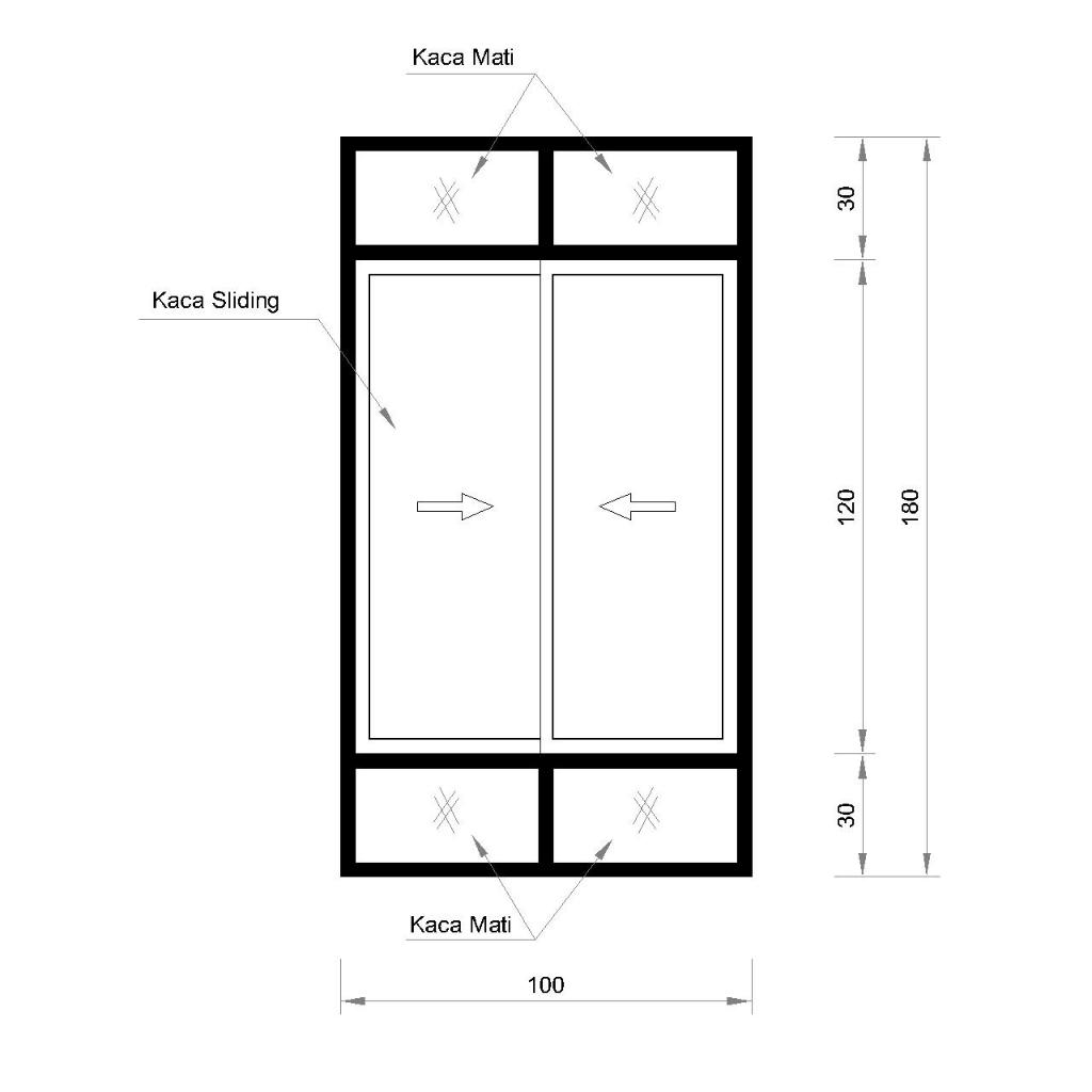 Custom Jendela Aluminium Sliding Kombinasi Atas Bawah Kaca Mati Ukuran Tinggi 180 x Panjang 100 Cm