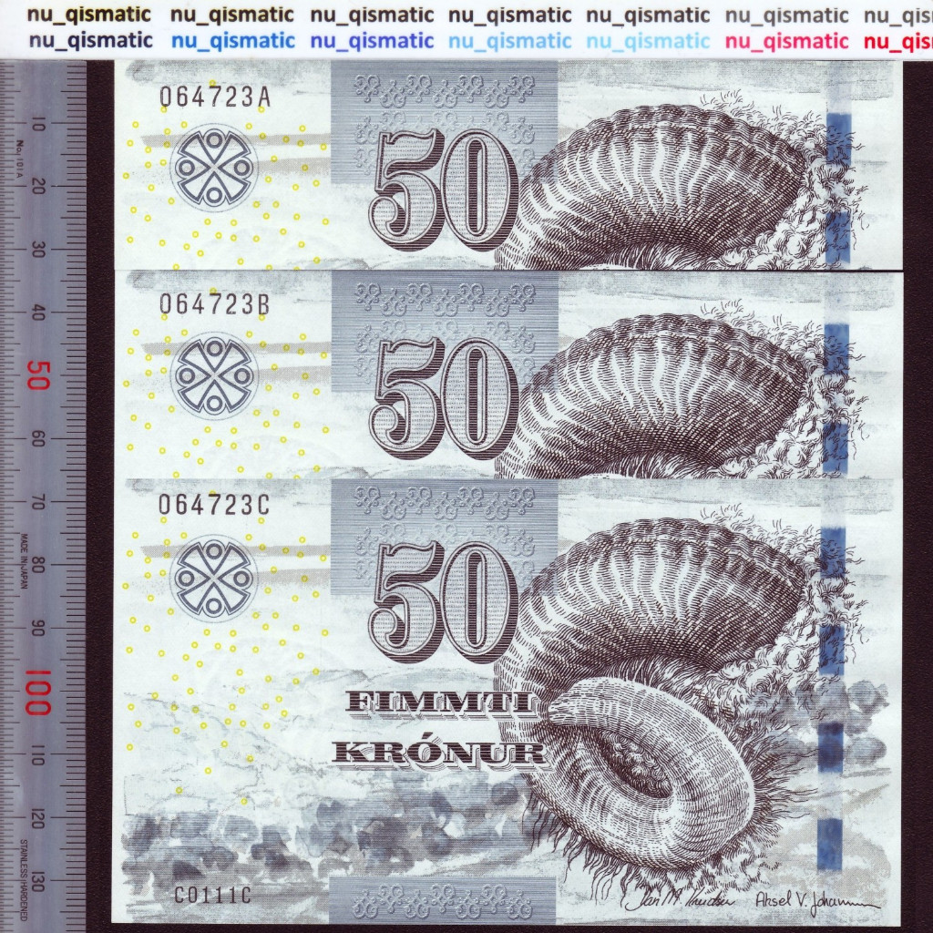 LANGKA 3 Lembar Serial Kembar 6 Angka, uang Faroe Islands 50 Kronur, 2011, Grade UNC Baru Super Gres