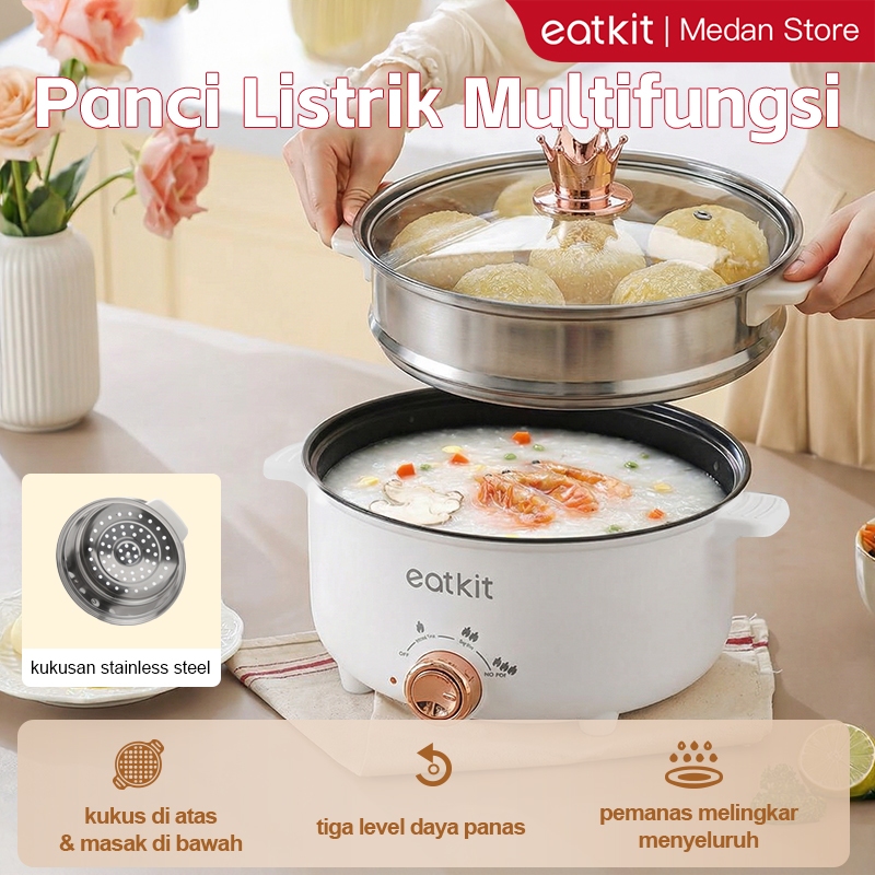 [Medan Ready Stock] Eatkit Panci Listrik 2L Anti Lengket Kukusan Stainless Fry Pan Elektrik Low Watt