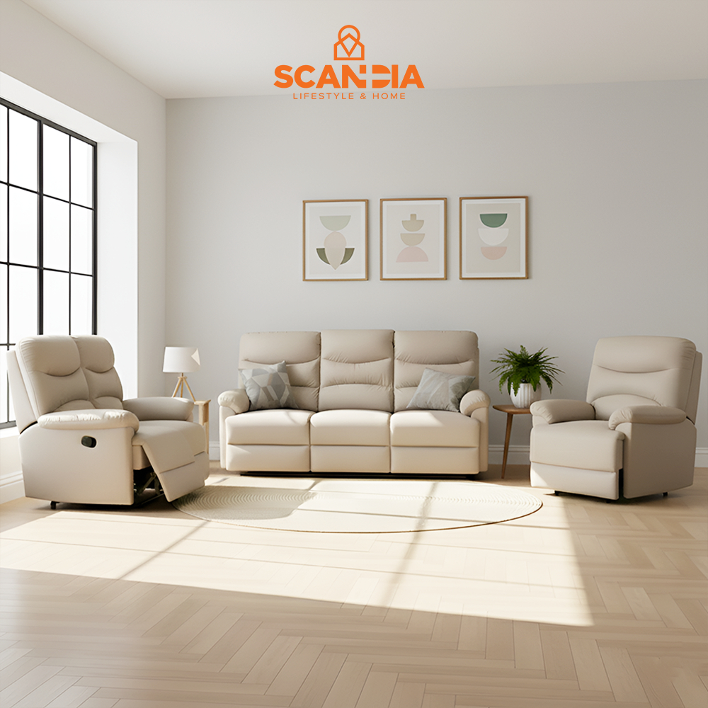 SCANDIA Bjorn Set Sofa Recliner  Light Brown - Kursi Santai Nyaman Putih Tidur Mewah Reclining Kelua
