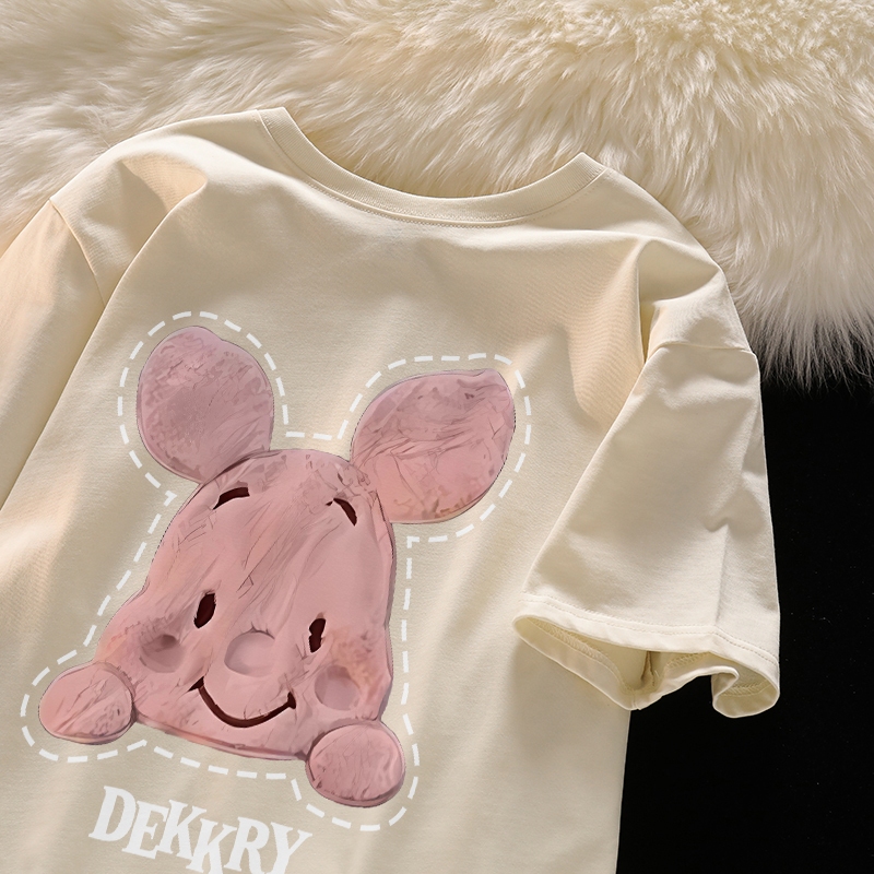 Po floret Baju Wanita Kaos Wanita Korean Style Lengan Pendek Anak babi yang lucu Merah muda Baju Ata