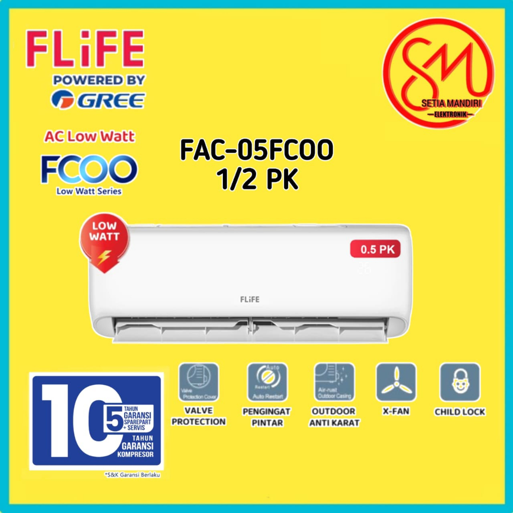 FLIFE by GREE AC LOW WATT 0.5PK - FAC-05FCOO - Putih (Unit Indoor & Outdoor)