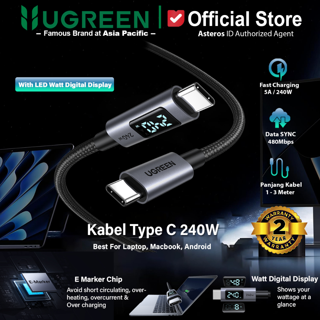 UGREEN Kabel Data PD Type C to Type C Digital Display Fast Charging 240W Max 5A Nylon Braided