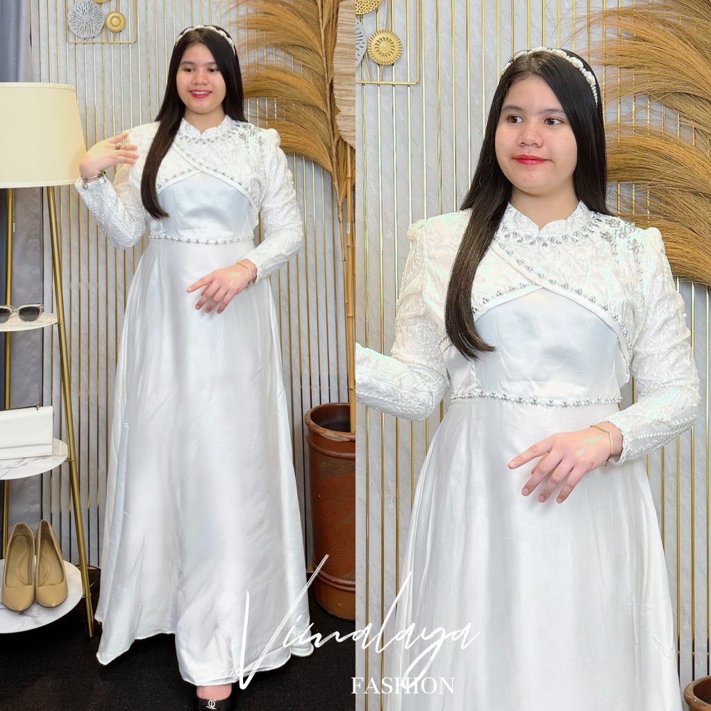 Gamis Putih Polos Satin Kombinasi Tile Bordir 76651 Baju Muslim Vima Lebaran