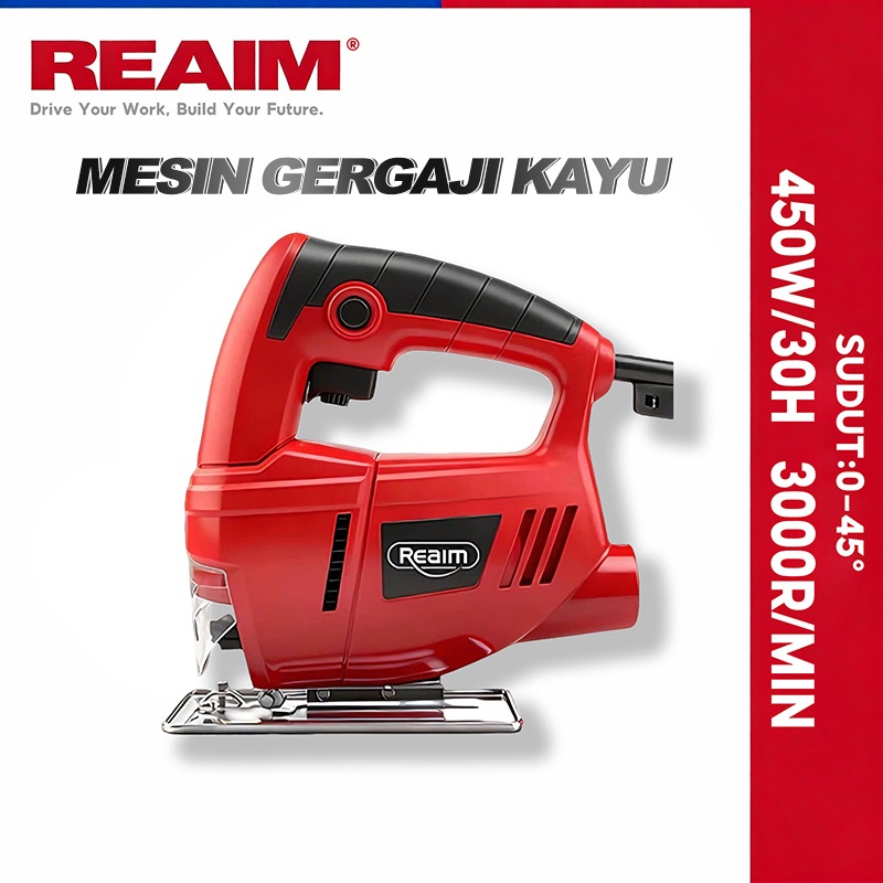 REAIM Jigsaw Mesin Gergaji Listrik Pemotong Kayu 450W Alat Potong Kayu Potong Besi Tipis PVC Pipa