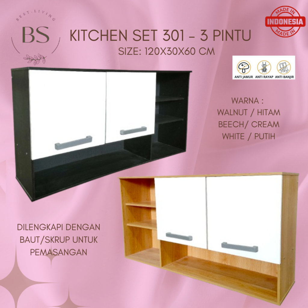 KITCHEN SET MINIMALIST ATAS 3 PINTU - BUFET RAK DAPUR GANTUNG HARDWOOD PARTICLE BOARD GRADE A