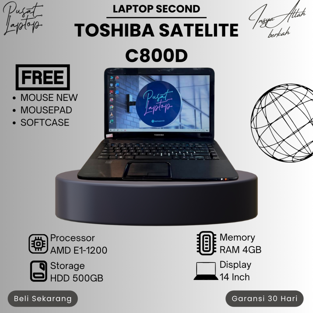 LAPTOP TOSHIBA C800D SECOND | AMD E1-1200 APU RADEON | RAM 4GB | HDD 500GB | NORMAL | BERGARANSI