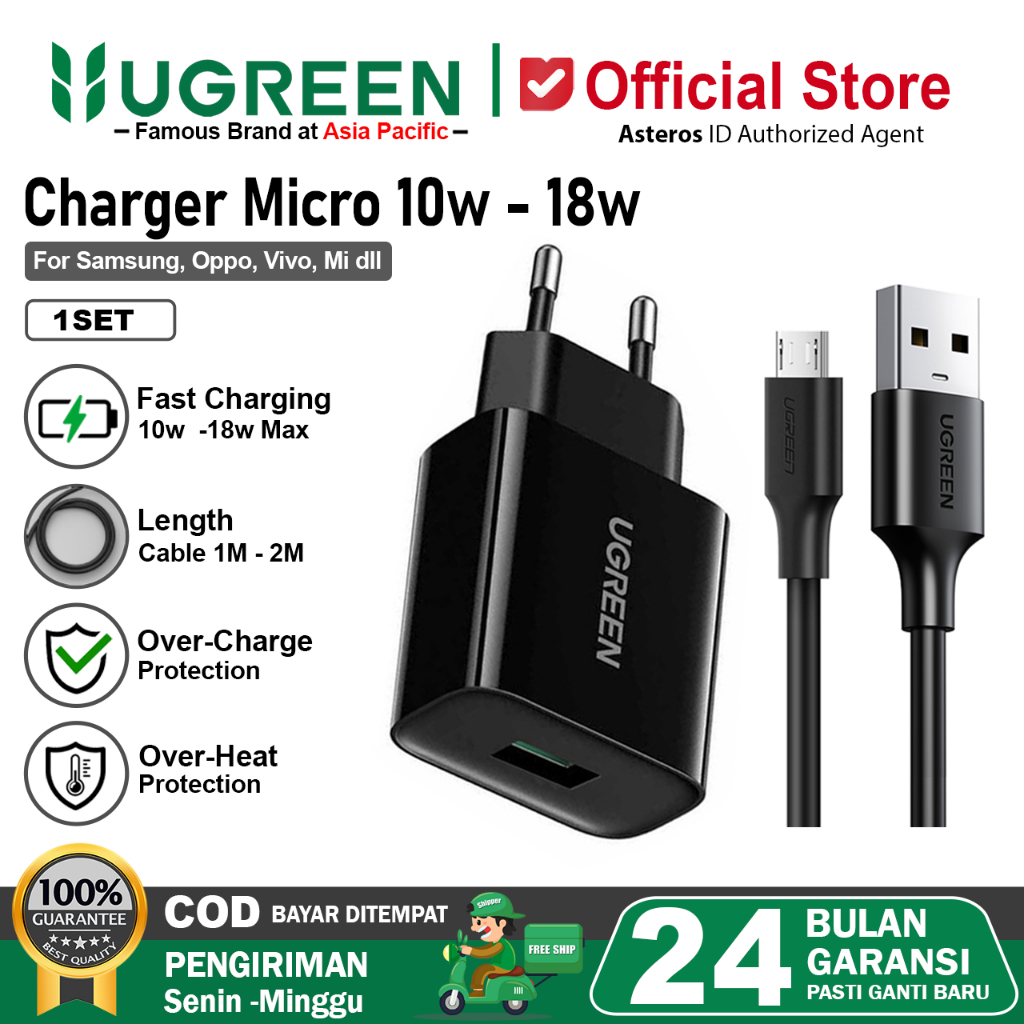 UGREEN Charger Micro USB For Samsung, Mi, Oppo Fast Charging 10w 15w - 18w