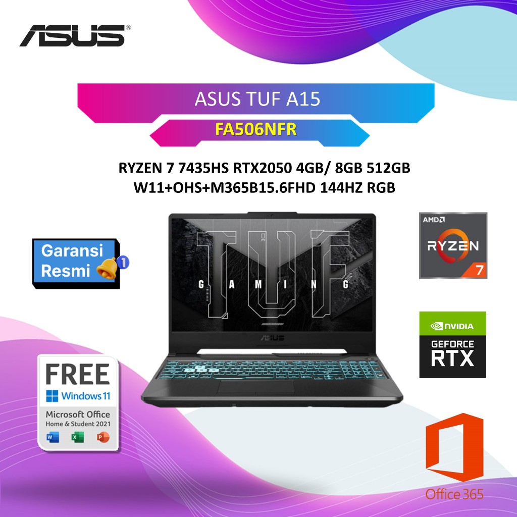 ASUS TUF A15 FA506NFR RYZEN 7 7435HS RTX2050 4GB/ 8GB 512GB W11+OHS+M365B 15.6FHD 144HZ RGB