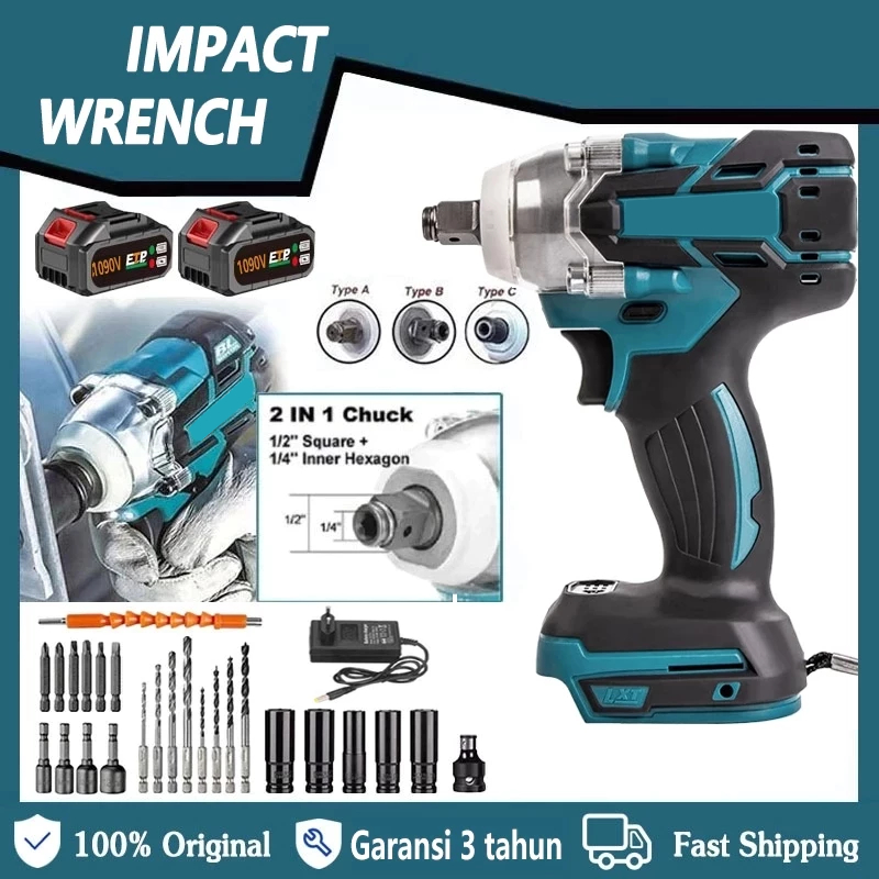 Impact Wrench Cordless Baterai Brushless 1090V/588V 1200N/M Bor Impact Baterai 2 Baterai Impek Bater