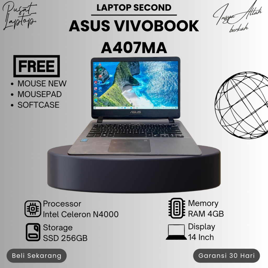 LAPTOP ASUS VIVOBOOK A407MA SECOND | INTEL CELERON N4000 | RAM 4GB | SSD 256GB | NORMAL | BERGARANSI