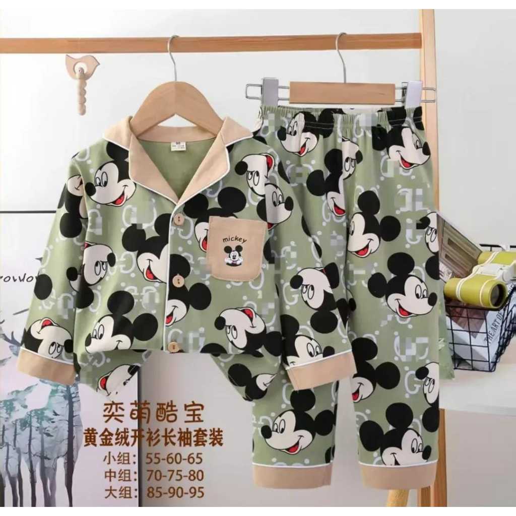 [PPK] Size 1-3 Tahun Piyama Anak Kancing / Setelan Baju Tidur Anak Laki Laki Kubao Mickey Mouse
