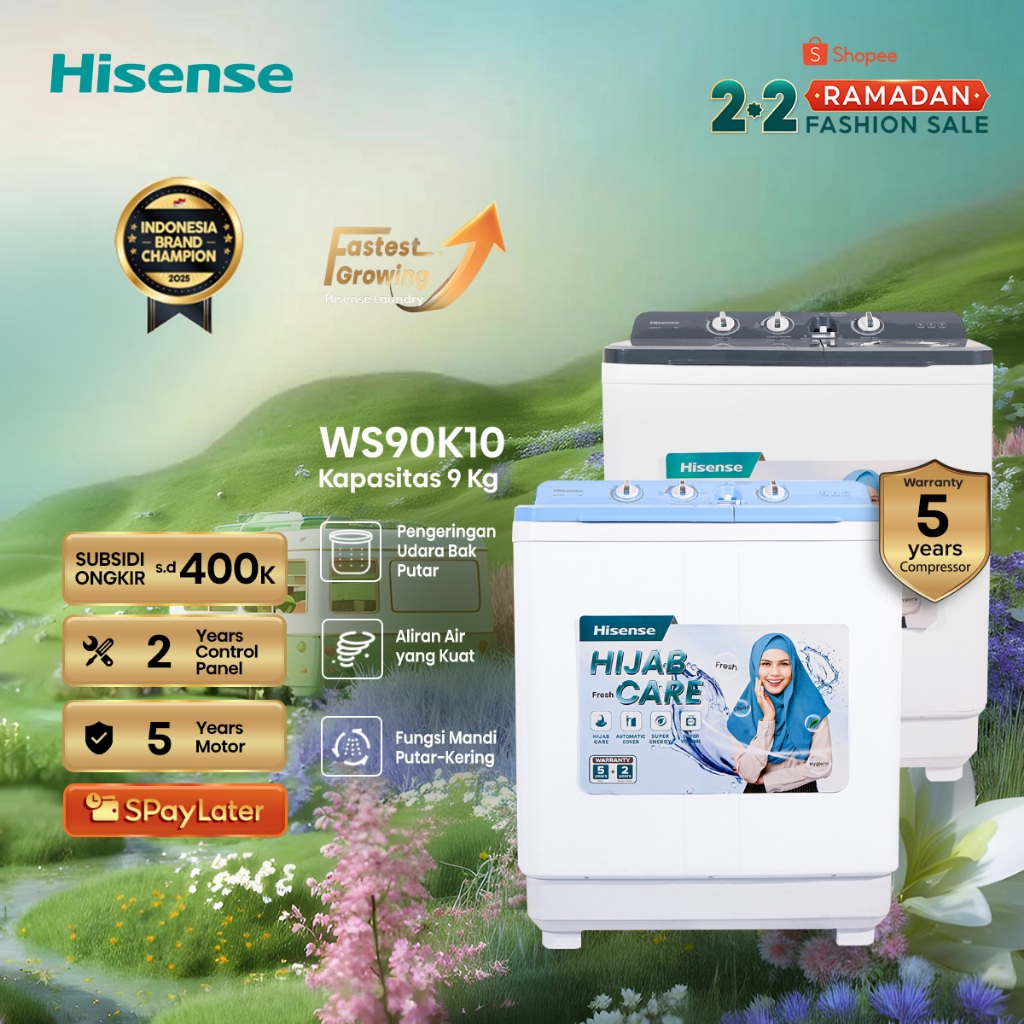 Hisense Mesin Cuci WS90K10 Top Loading Twintube Kapasitas 9KG 2 Tabung Bukaan Atas Air Tub Spin Dryi