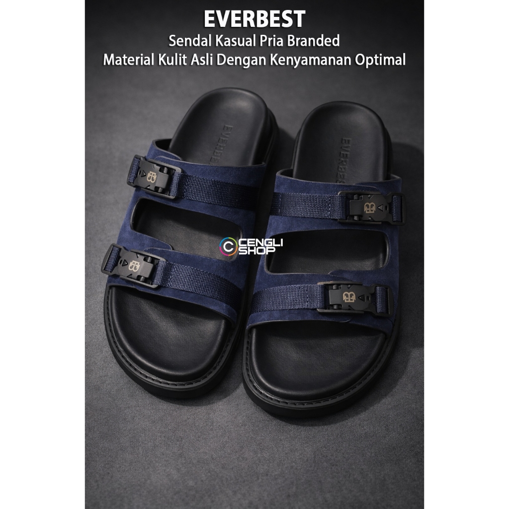 EVERBEST Sendal Kasual Pria Branded Material Kulit Asli Dengan Kenyamanan Optimal EM02