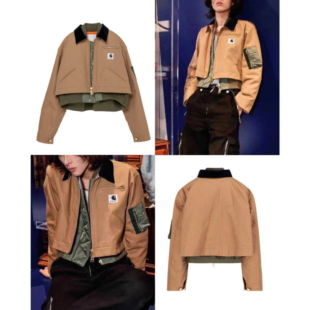 SACAI x CARHARTT WIP Detroit Canvas Jacket Cropped Layered Velvet Trimmed Cotton Blend Canvas Shell 