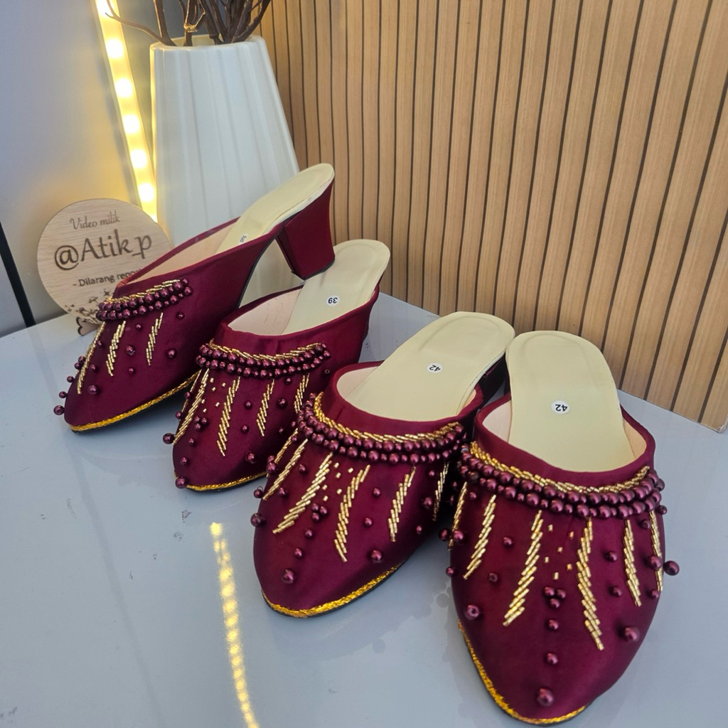 selop manten wedding shoes sandal pengantin merah Maroon payet hak 5cm