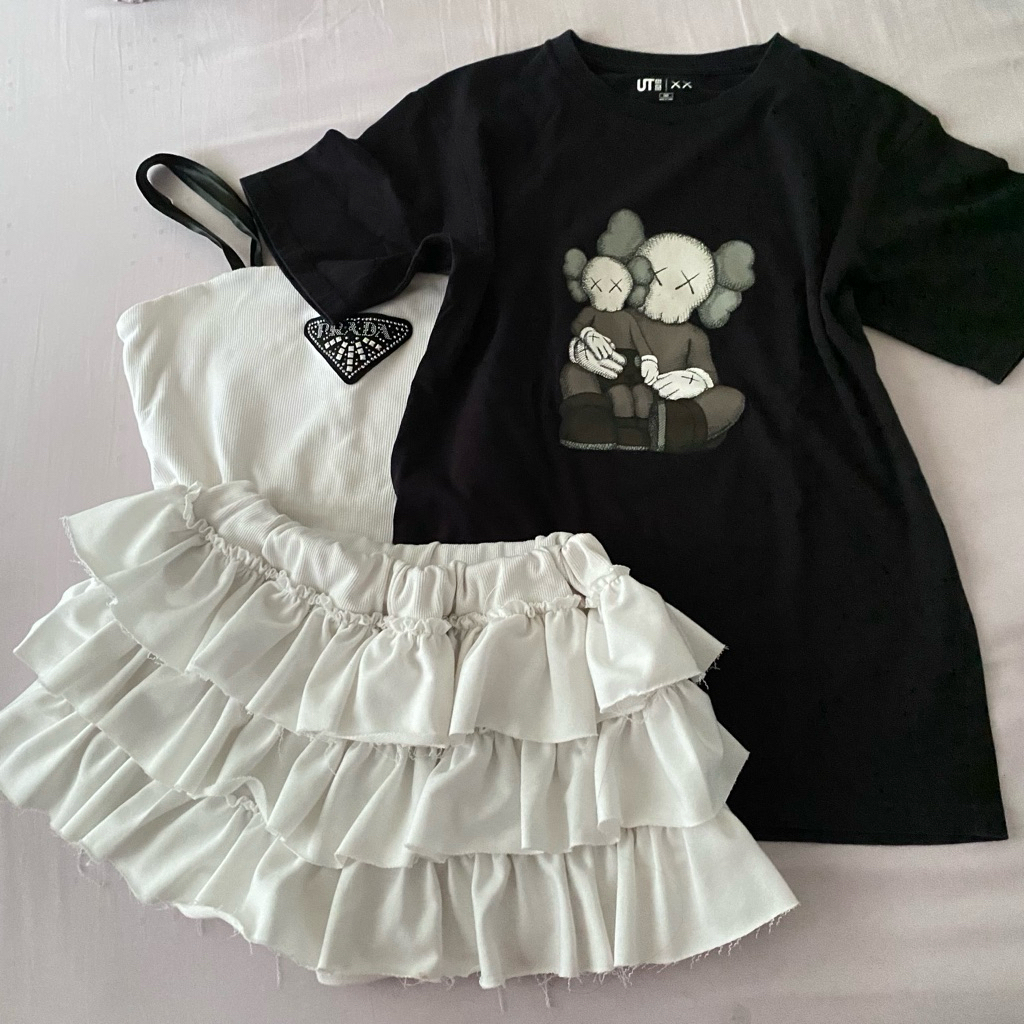 preloved uniqlo kaws nude the label nudethelabel ruffle skort white tanktop tank top prada