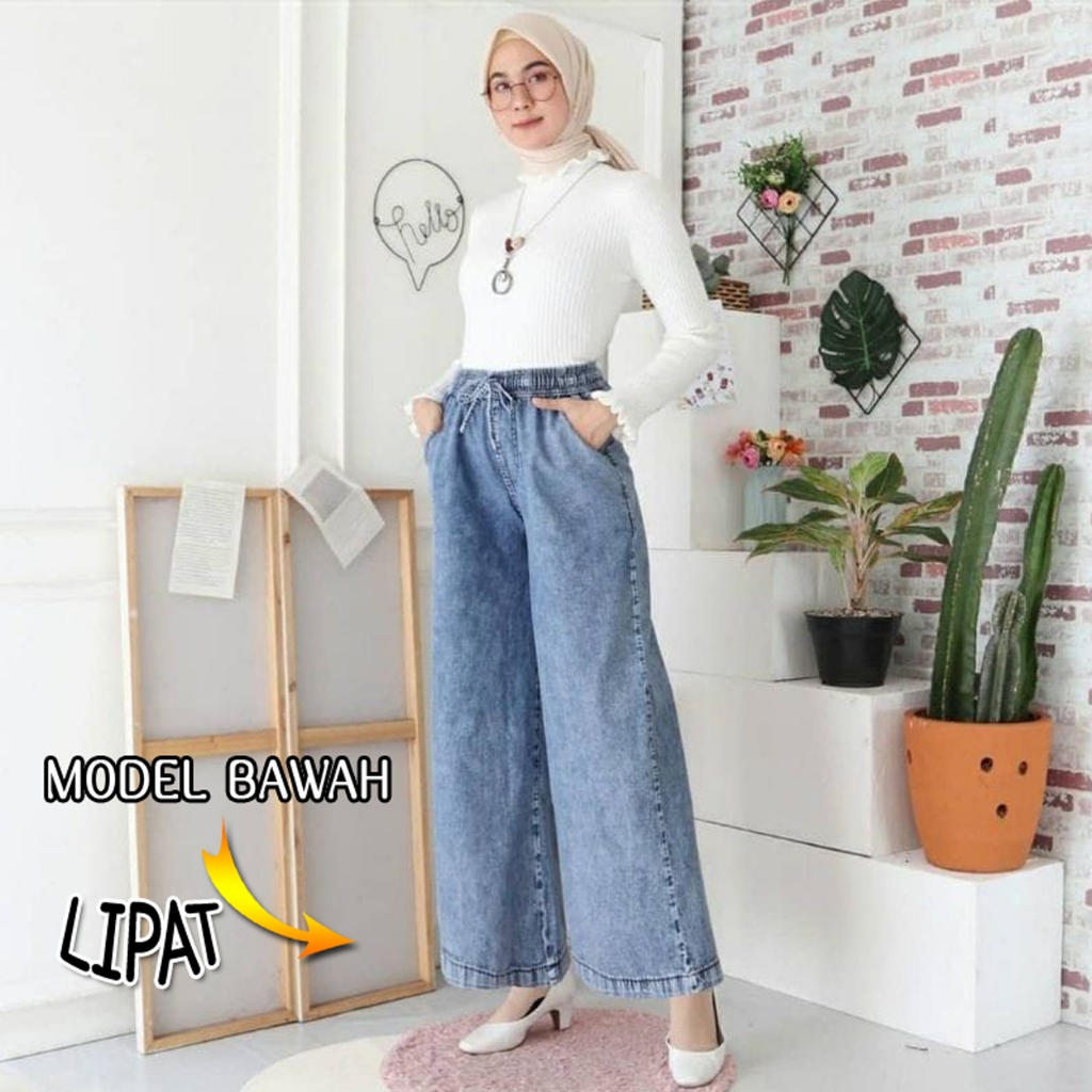 Celana Kulot Jeans Wanita Pinggang Karet