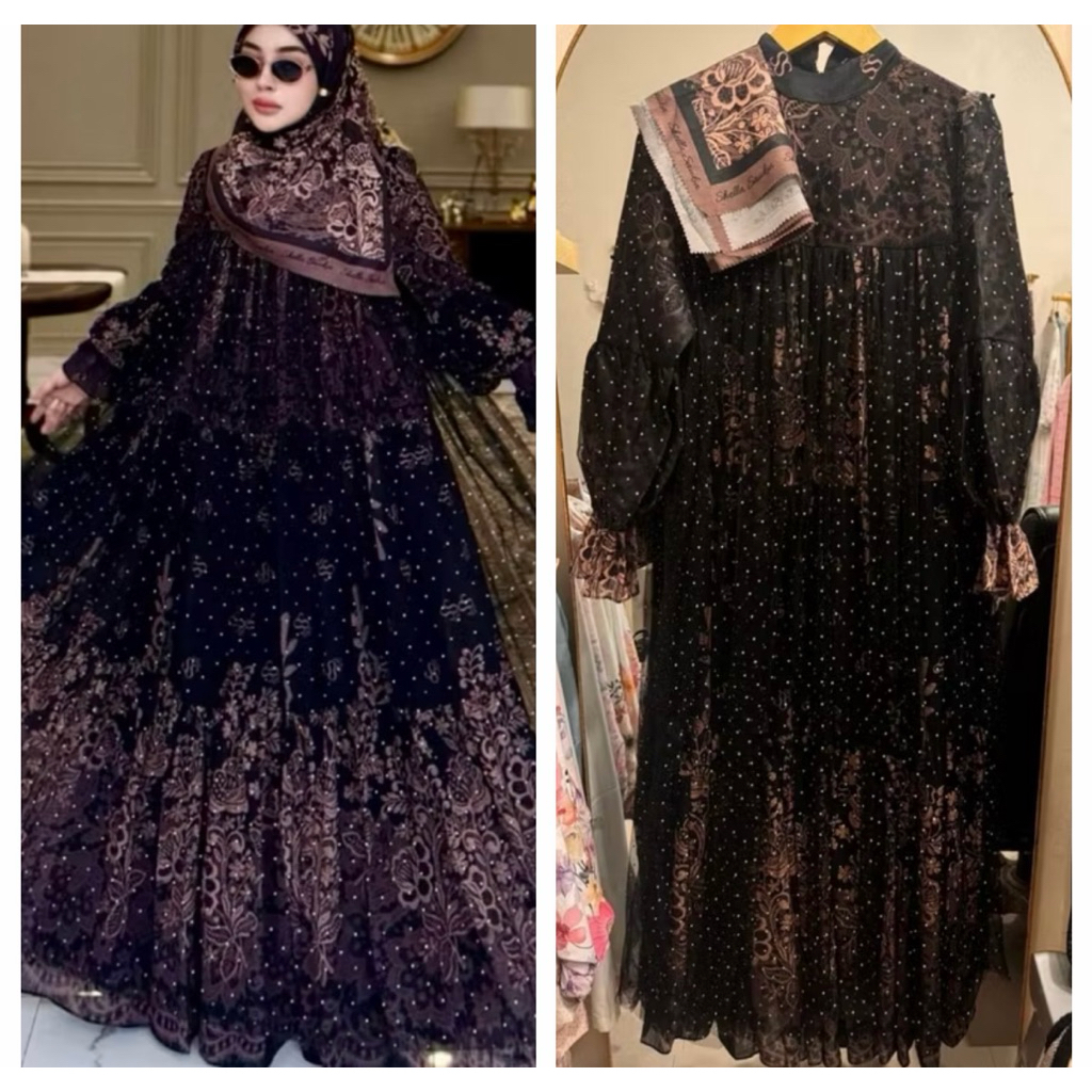 READY SHELLASAUKIA GAMIS LEBARAN Susun Set Hijab tingkat TERBARU Emboss Terbaru ViralHARI RAYA mawar