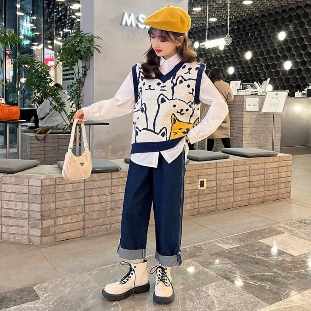 FV-040 SETELAN BAJU PANJANG 3IN1 ANAK PEREMPUAN IMPORT USIA 6-11 TAHUN SETELAN BAJU ATASAN BLOUSE TU