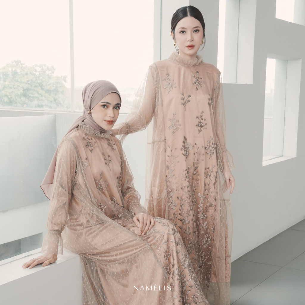 NAMELIS Bianca Dress | Dress Gamis Mewah Floral Payet Hijab Non Hijab untuk Outfit Pesta Kondangan P