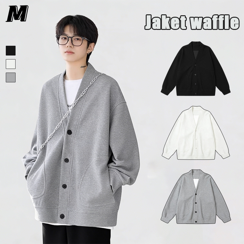 Sweater Cardigan Pria waffle sweater new V-neck button solid color sweater loose casual cardigan jac