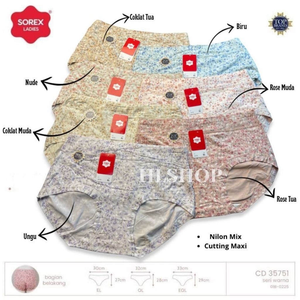 Isi (3, 6, 12pcs) CD Sorex 35751 Celana Dalam Wanita Maxi Motif Bunga Cantik