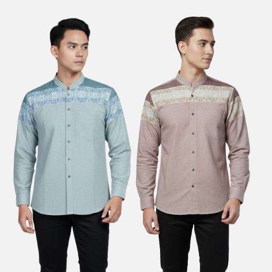Baju Koko Pria Lengan Panjang Jumbo Kemeja Muslim Odza Regular Fit Modern Gifari Dusty Pink Hijau To
