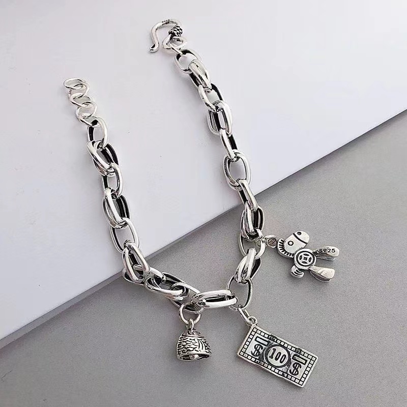 Silver Bracelet Women999Pure Silver Ruyi Koi Fish Bracelet Ethnic Style Love Lock Birthday Gift Pure