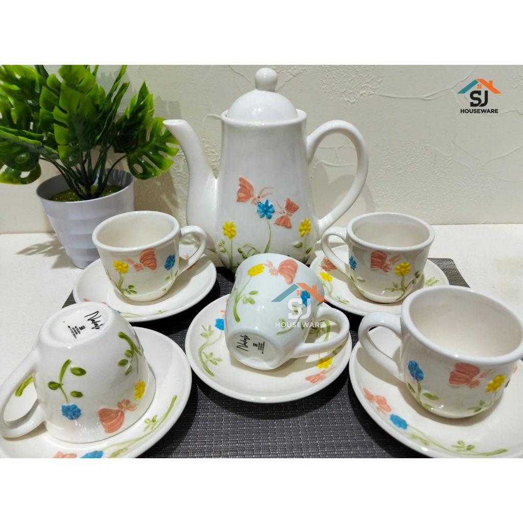 KOPI SET NAKATO TIMBUL ( TEKO + 5 CANGKIR + 5 LEPEK ) 128- 40 BAHAN KERAMIK TEBAL DESAIN ELEGANT BUN