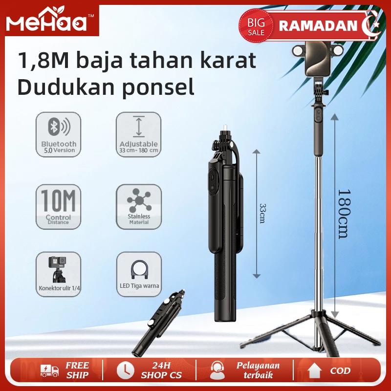 Mehaa tripod selfie 180cm anti goyang Tongsis-gopro/phone adapter + baja stainless, utk tiktok/vlog
