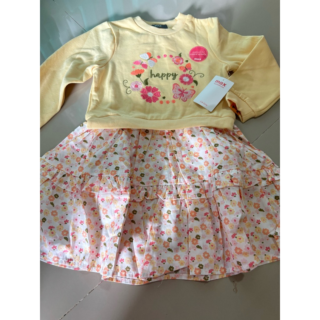 Max dress lengan panjang kuning bunga anak 3-4 7-8 tahun