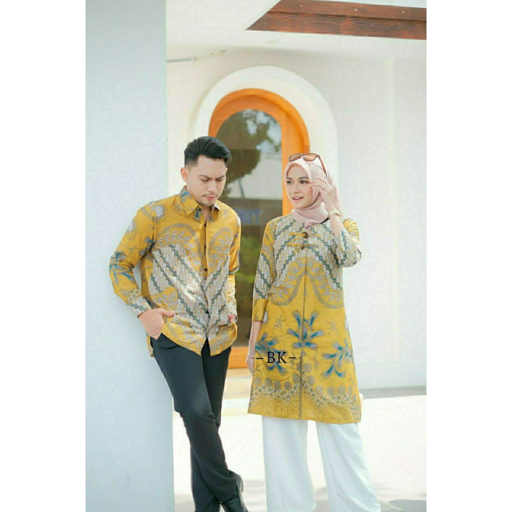 BAJU ATASAN BATIK PRIA DAN WANITA WARNA KUNING SIZE M L XL XXL | COUPLE BATIK KEMEJA TUNIK KUNING SE