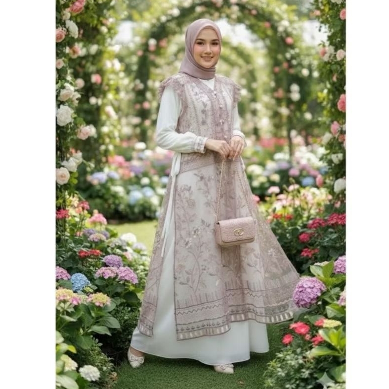 Gamis Set Brokat Tile Premium, Gamis Bahan Ceruty Babydoll Full Furing, Outer Brokat Tile,  Mewah el