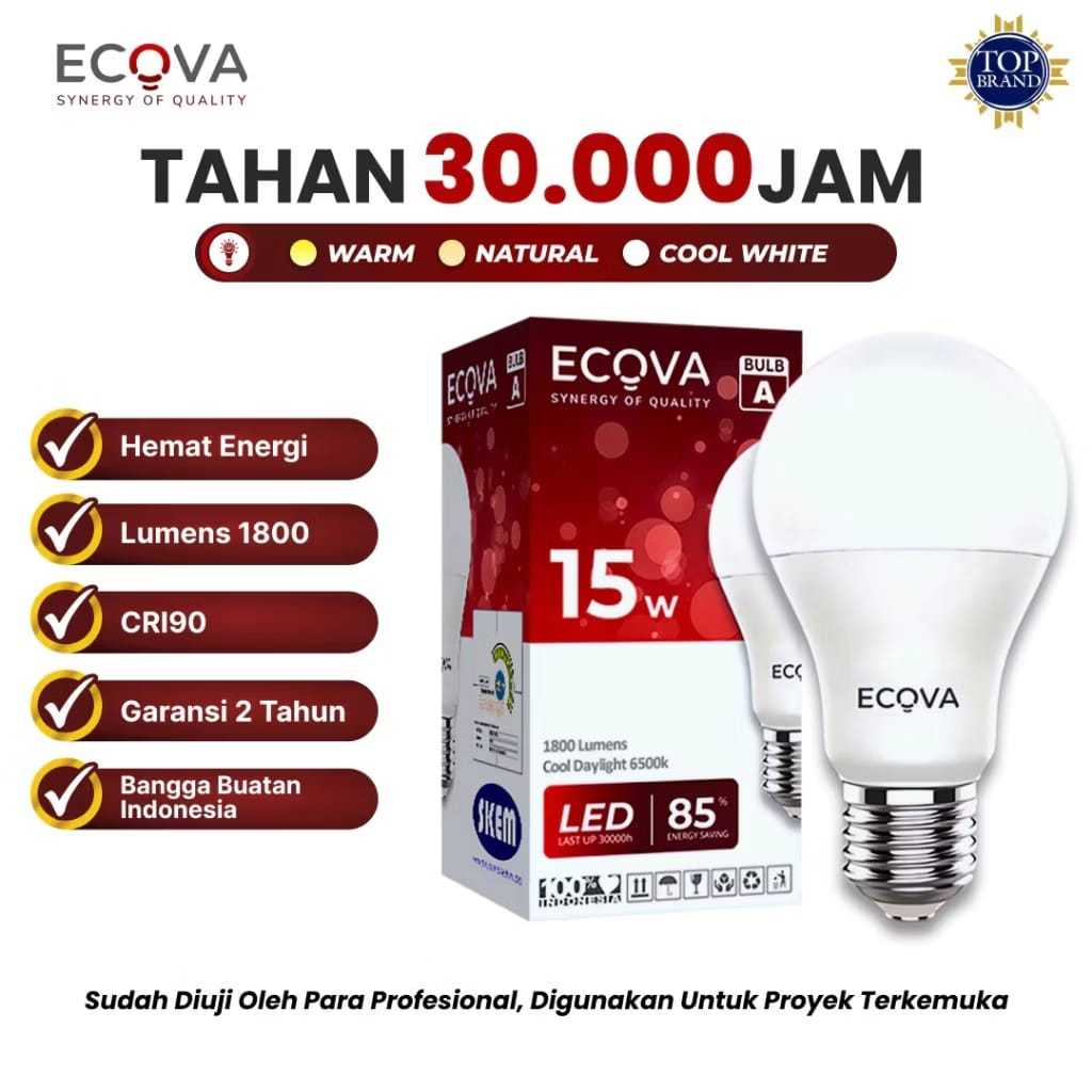 Ecova Lampu A Bulb LED Lampu Bohlam 15 watt Hemat 6500K Putih 4000K Natural 3000K Kuning 15 Watt