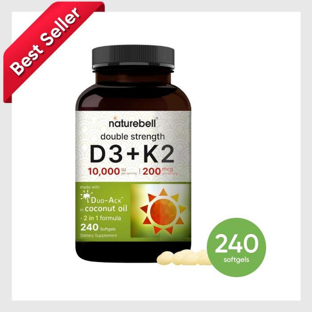 NatureBell Vitamin D3 K2 240 softgels | 10,000 IU Vitamin D + 200mcg Vitamin K MK-7| With Coconut Oi