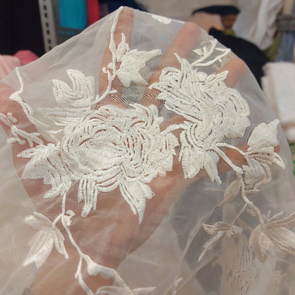 kain tile bordir Premium  - kain bordir motif bunga timbul - kain tile bordir original ( BW ) dr