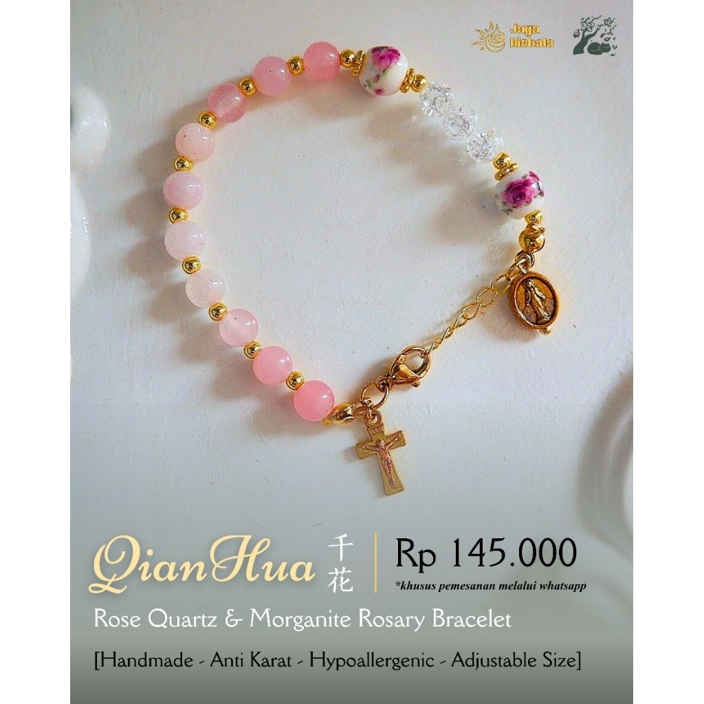 Gelang Rosario Qianhua - Gelang Rosario Batu Alam (Rose Quartz)