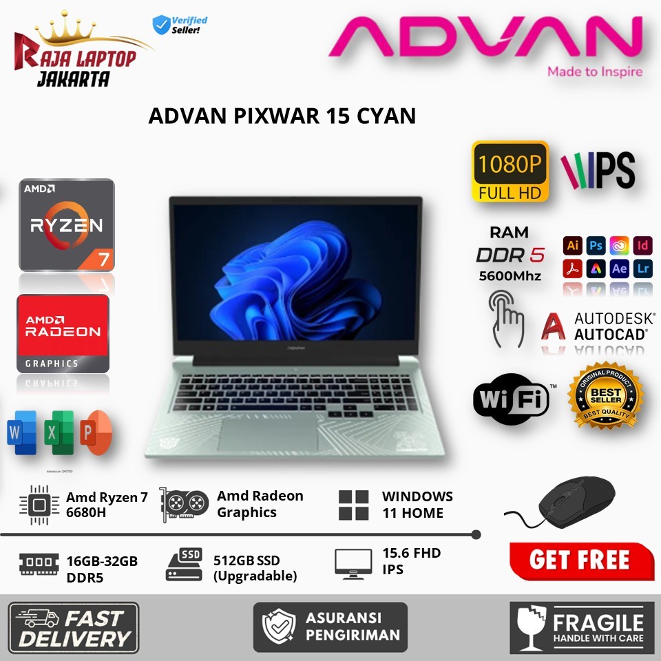Laptop Advan Pixwar 15 Ryzen 7 6800H 32Gb 1Tb SSD 15.6 FHD IPS Touch Win 11 Home Cyan