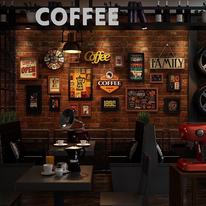 Polimer_KF02 Lukisan Dekorasi Kafe Kreatif Retro Set Bingkai Foto untuk Area Santai Latar Belakang D