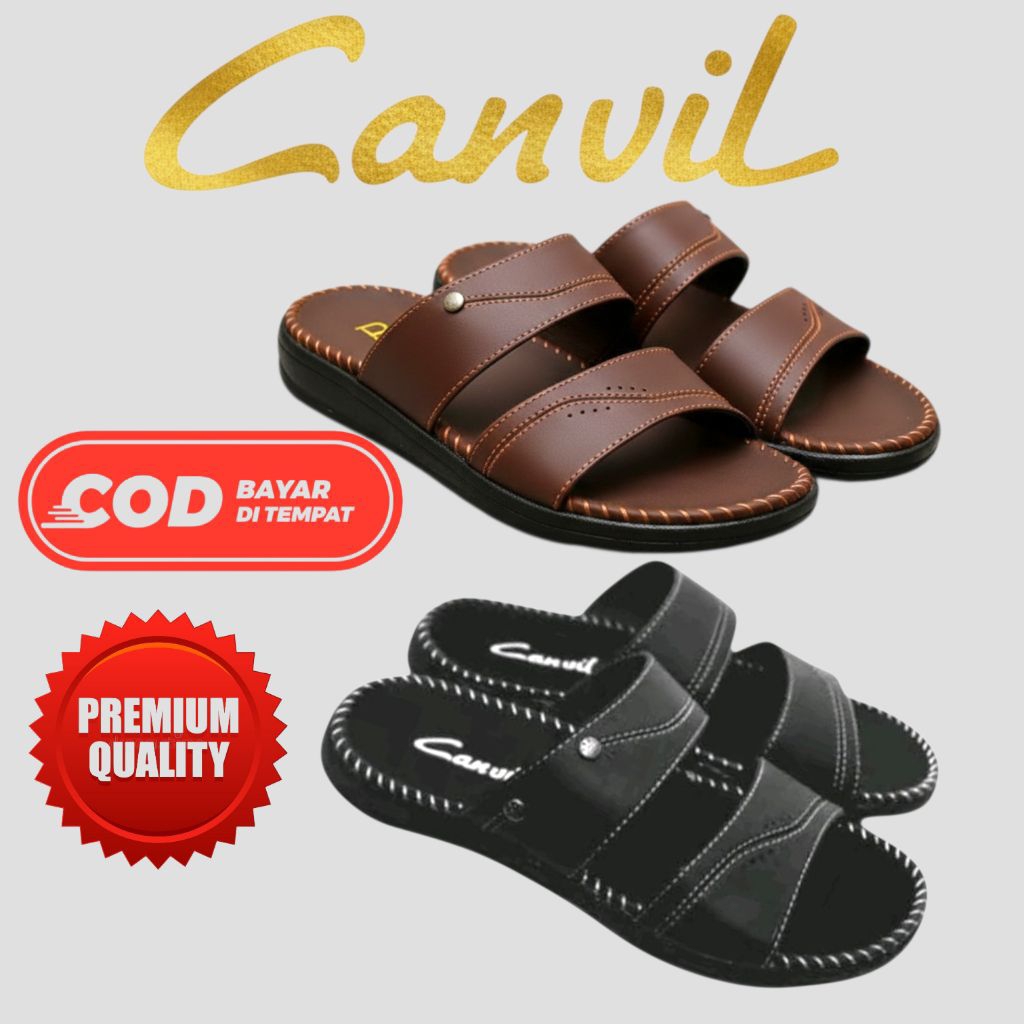 Sandal Slop Pria Canvil Original Premium - Sendal Selop Kulit Casual Ban 2 Hitam & Cokelat - Sandal 