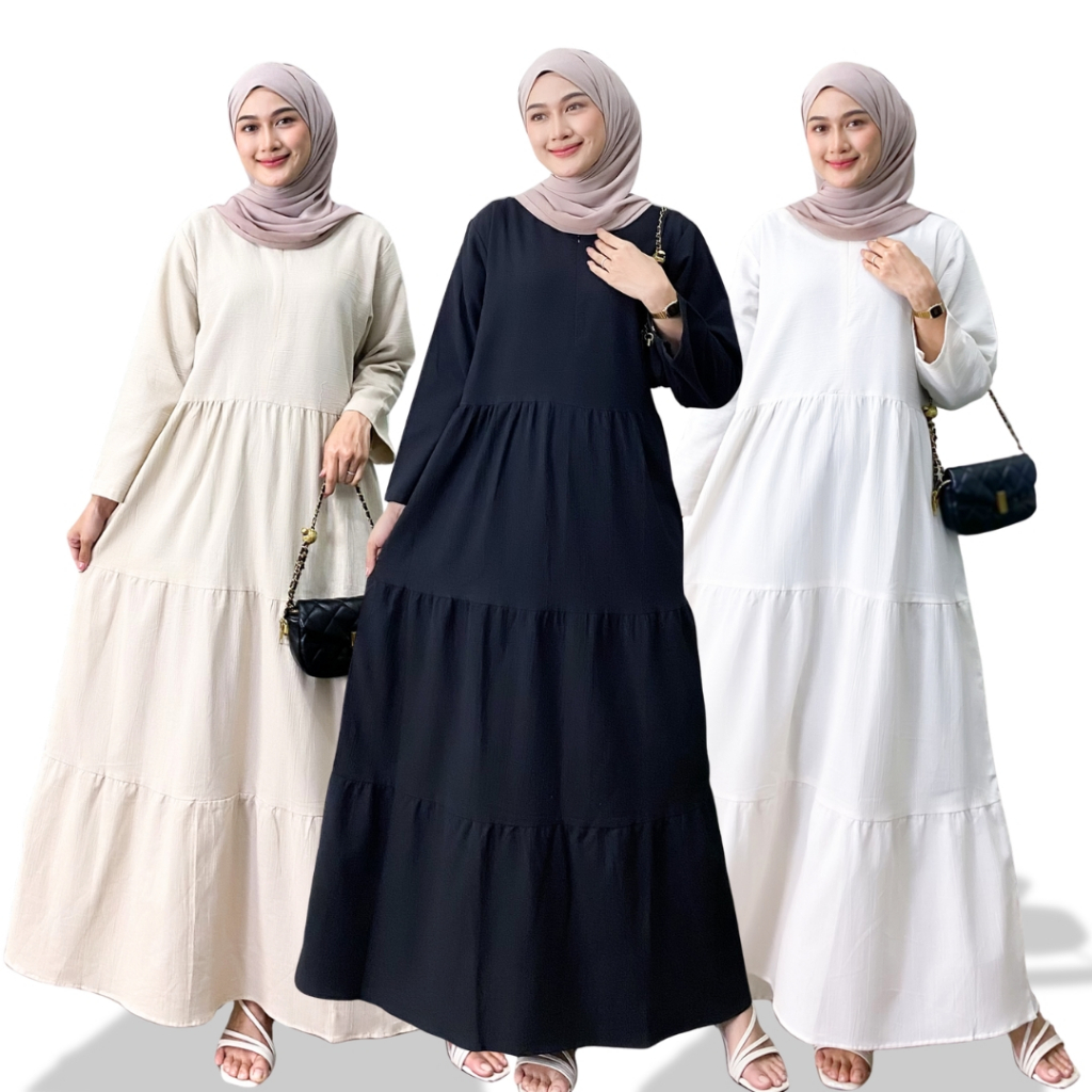 Gamis Susun Bahan Linen Crinkle Premium Dress Linen Crincle Wanita Simple Elegan