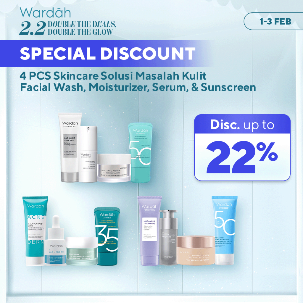 Wardah Paket 4 pcs Skincare Solusi Masalah Kulit - Facial Wash, Moisturizer, Serum, & Sunscreen (Acn