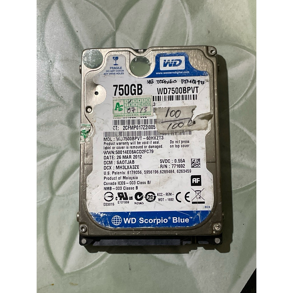 hdd bekas copotan laptop 750 gb sentinel 100%